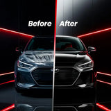 Before and after comparison of a grey Hyundai car showing dirty and polished paint finish.