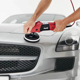 Person using a FLEX car polisher on silver car hood for auto detailing