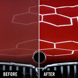 Before and after comparison of Turtle Wax Hybrid Solution Ceramic Wet Wax on red car paint.