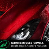 Close-up of a red car with water beads showing Turtle Wax ceramic infused water repellency.