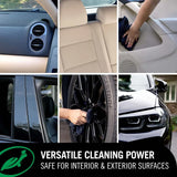 Turtle Wax 1 & Done Detailer cleaning car interior seats, dashboard, and exterior wheels.