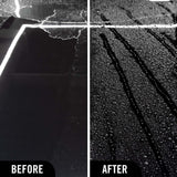 Before and after comparison of car hood showing improved water beading from detailing product