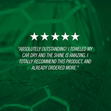 Five-star car detailing product review over close-up of water beading on car surface