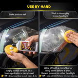 Step-by-step guide applying Meguiar's PlastX to car headlights with foam applicator for clear, restored finish
