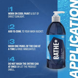 Application guide for Gyeon Q²M Bathe+ ceramic shampoo showing four-step usage instructions.