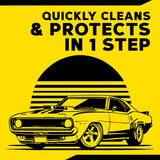 Classic muscle car graphic with text: Quickly cleans & protects in 1 step — ideal for car detailing enthusiasts