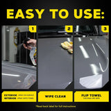 Easy 3-step car detailing: spray, wipe clean, flip towel for dry shine—perfect for exterior & interior care.