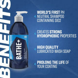 Gyeon Q²M Bathe+ ceramic shampoo bottle highlighting pH neutral and hydrophobic properties.