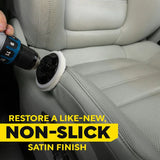 Restoring car leather seat with drill-mounted buffer for non-slick satin finish