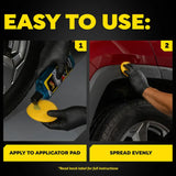 Easy car wax application: pour on applicator pad, spread evenly on red vehicle for glossy finish