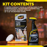 Meguiar's Leather Care Kit with microfiber towel, cleaning disc, and leather detailer spray for car interior care