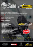 Car detailing course flyer with Shield products, polishing tools, and training details for aspiring detailers.