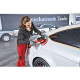 Person using cordless random orbital polisher on white car for paint correction detailing