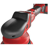 Cordless red and black random orbital polisher for car detailing on white background