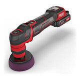 Cordless orbital polisher with purple foam pad for car detailing on white background