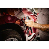 Person using cordless orbital polisher on car door for automotive detailing