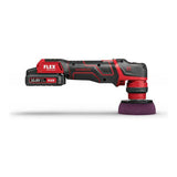 Cordless FLEX orbital polisher with 10.8V battery and red-black brushless body