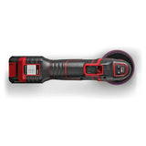 Cordless orbital car polisher with black and red body, top-down view