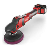 Cordless red and black rotary polisher with battery and purple buffing pad for car detailing