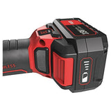 Cordless rotary polisher handle with 18V battery and charge indicator, close-up
