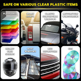 Safe for plexiglass, brake lights, plastic windows, motorcycle windscreens, helmets, boat windows, bug deflectors, CDs