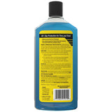 Blue car care product bottle with yellow label for tire and trim protection