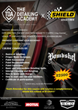 Car detailing training course poster with event details, logos, and car care equipment.