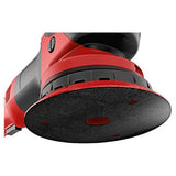 Red and black dual action car polisher with textured backing plate, close-up view